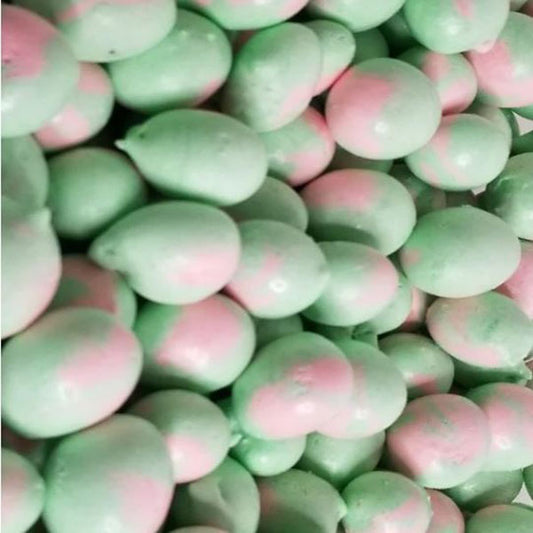 Delicious looking green and pink freeze dried salt water taffy balls